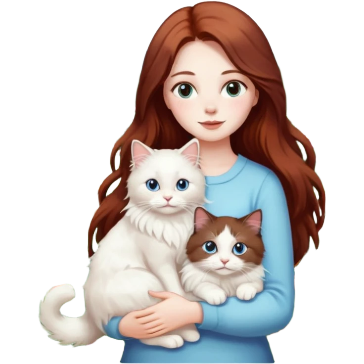 A woman with long dark auburn hair holding a white ragdoll cat in a garden full of flowers emoji
