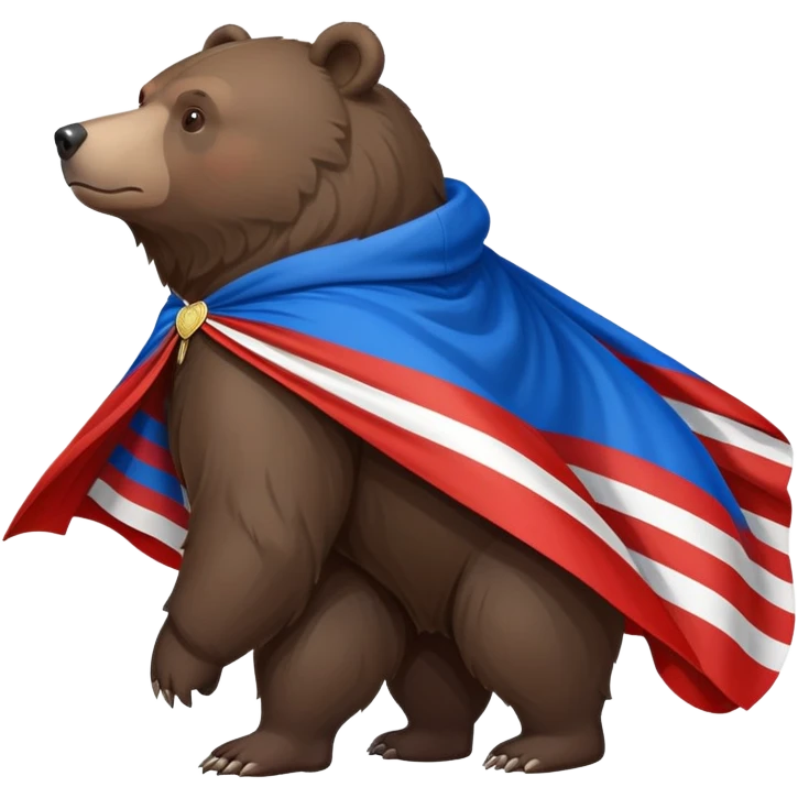 Medium-dark brown bear on all four legs with Russian flag (white, blue, red horizontal stripes) draped over its back like a cape or cloak, flowing slightly, side view emoji
