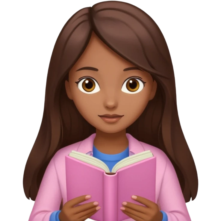 Beautiful brown skinned brunette girl with long brown silky hair with brown eyes reading a pastel pink book  emoji