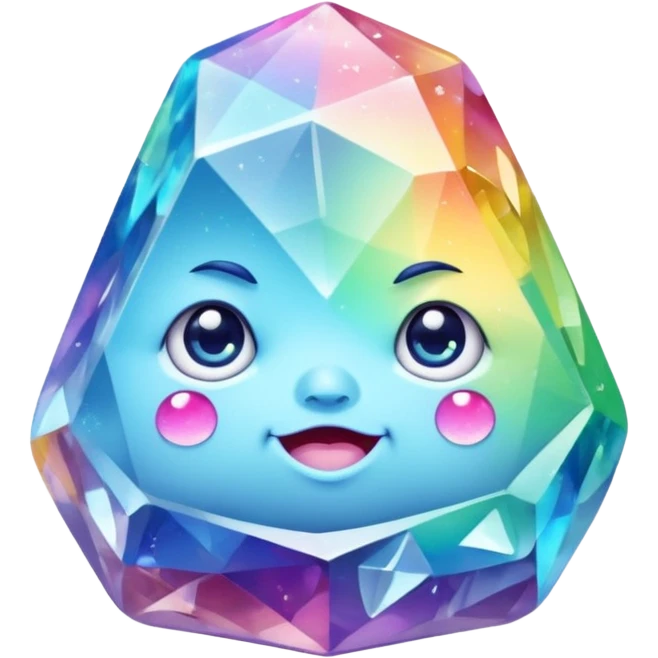 A single pastel rainbow crystal rock character, chubby and heavy with a chunky, irregular polygon shape,covered in faceted crystal planes and small chips, big glossy rainbow eyes  emoji