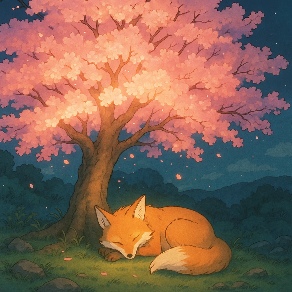 Fox spirit sleeping under a glowing sakura tree. emoji