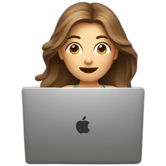 women in front of a laptop with a surprised face, brown light long hair, she is looking the laptop, hair in the air, caucasian emoji