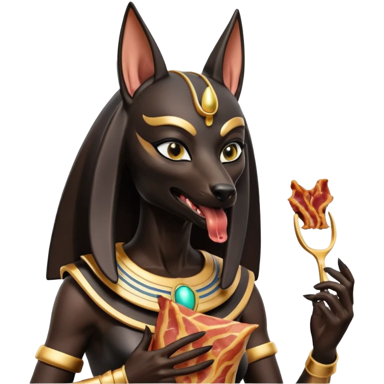  Friendly Black fur beautiful female alien anubis statue posed biting on store-brand bacon packaging  emoji