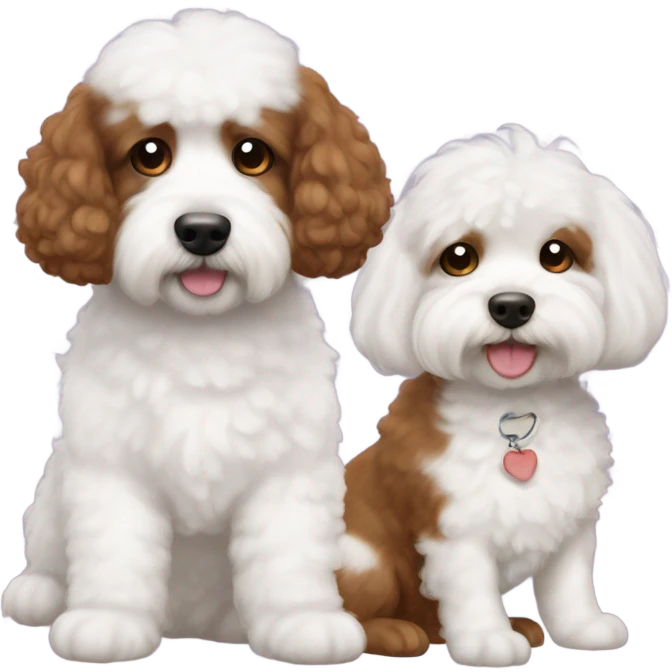 3 dogs - 2 bichons, 1 brown cavapoochon with white patch on its chest emoji