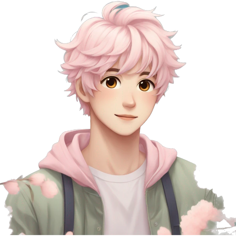 Gorgeous pastel anime style shojo guy with blushing face and flowers aesthetic trending style outside emoji