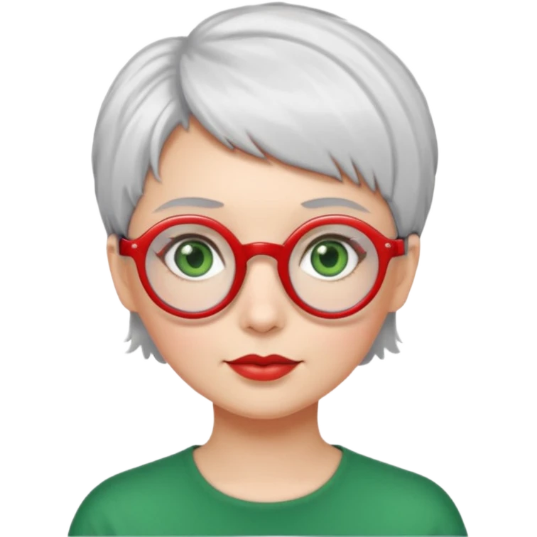 visage femme a lunettes ronde rouge avec cheveux courts gris-blancs aux yeux verts emoji