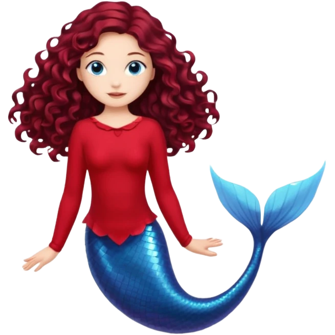 A thin mermaid with long curly dark brown hair with fair skin and blue eyes, red clothes and a red fin in an elegant pose emoji