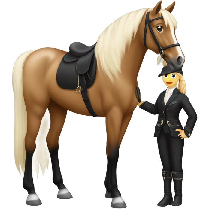 Un cheval Palomino qui cours il a un tapis noir à paillettes sur le dos, sa cavalière qui est sur lui est une fille blanche avec les cheveux marrons elle porte un pantalon noir et une veste de sport noír emoji