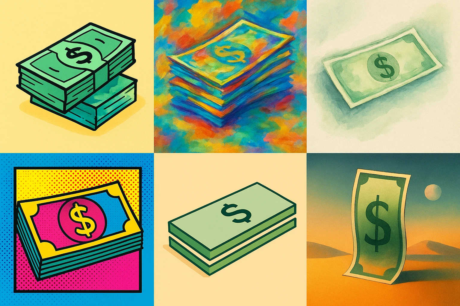money, illustrated in a variety of creative styles emoji