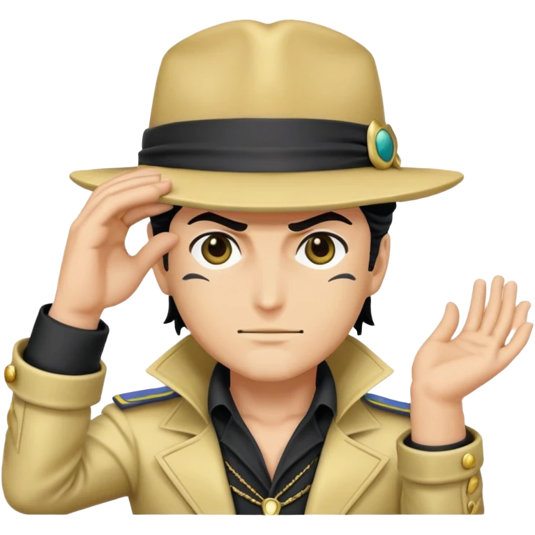 An emoji of jotaro Kujo from JoJo's Bizzare Adventures part 3 with his hand holding the tip of his hat downwards covering both of his eyes emoji