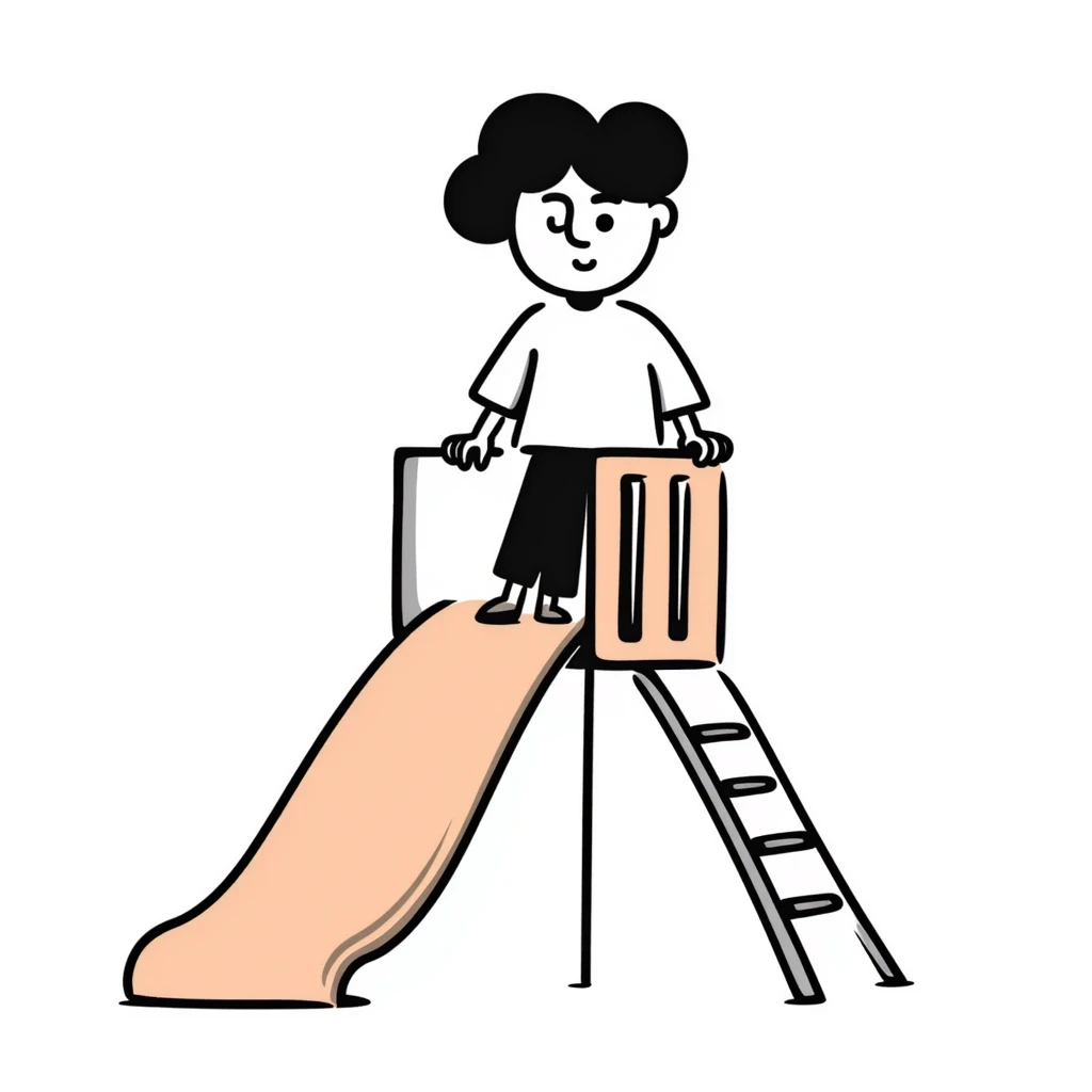 Children's playground slide with ladder in pastel colors (dd9fb0, ffc6d3, a3bfc9, c4bee2, f1b091), hand-drawn doodle style emoji