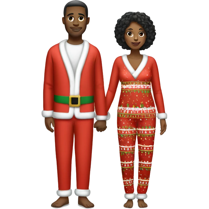 black woman white man couple in matching christmas pajamas  emoji