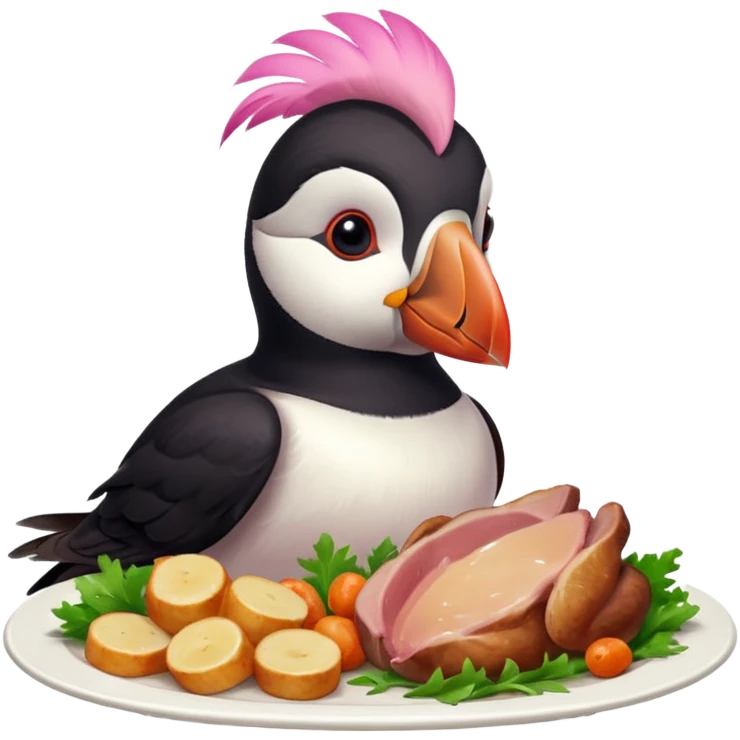 pink puffin that is pink-colored eating roast dinner emoji