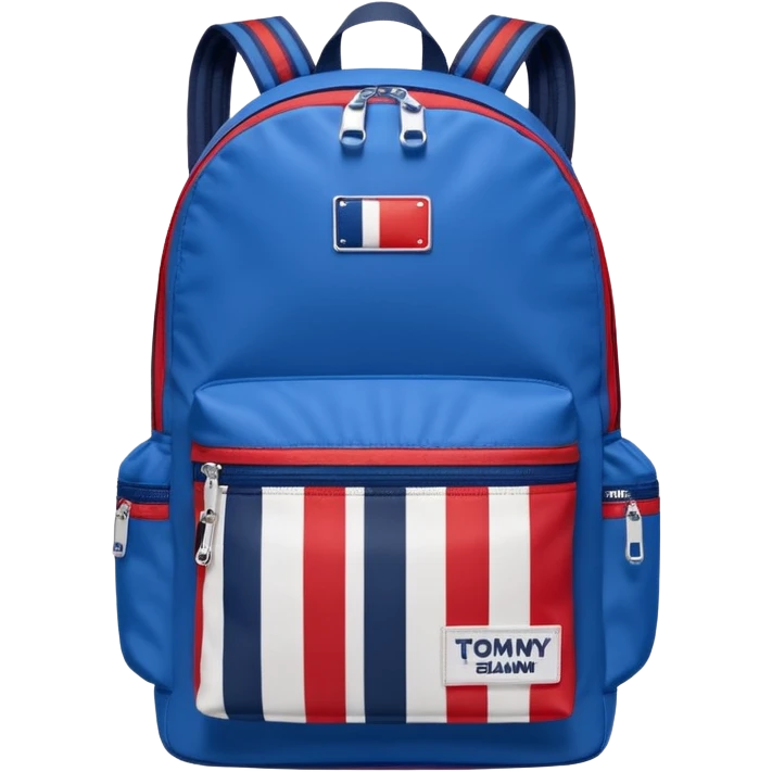 simple blue backpack, at the bottom pocket there is a  one tommyjeans logo featuring a Tommy Jeans-inspired logo. The logo looks like a vertically-flag in red, white. The flag stripes are vertical, not horizontal. Flat

 emoji