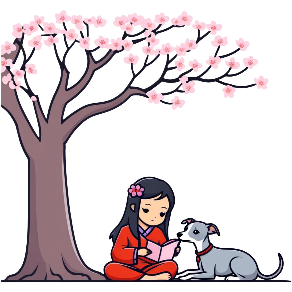 A beautiful 25-year-old Chinese woman with long black hair and a pure dark grey Italian Greyhound with absolutely NO white markings anywhere on its body sitting under a cherry blossom tree. The dog must be completely solid dark grey with no white on muzzle, paws, or chest. emoji