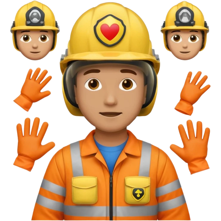 a guy wearing safety outfit with helmet standing , around him safety gears emojis  emoji