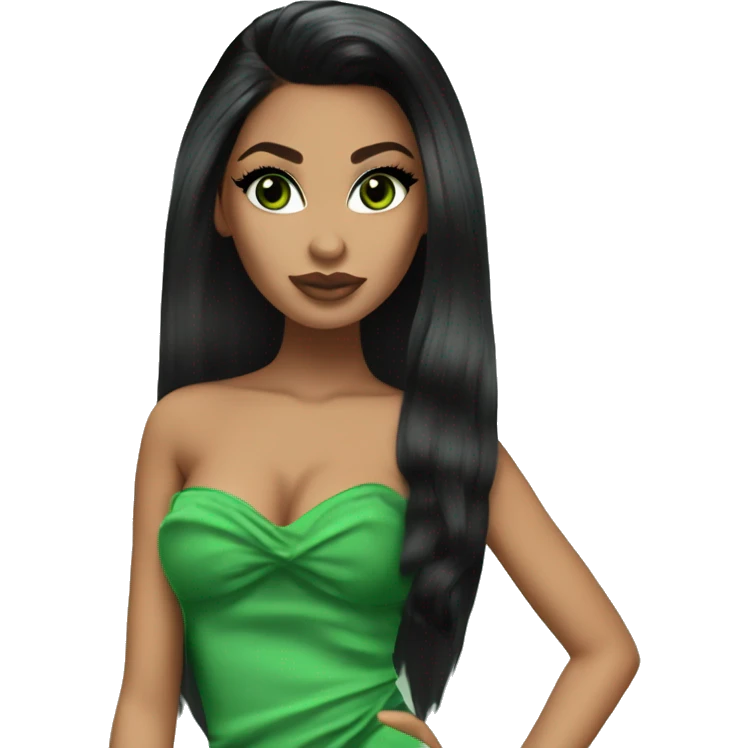 Bratz, club, cocktail dress, black balayage hair, half up half down hair, olive skin, green almond winged eyeliner with big lashes emoji