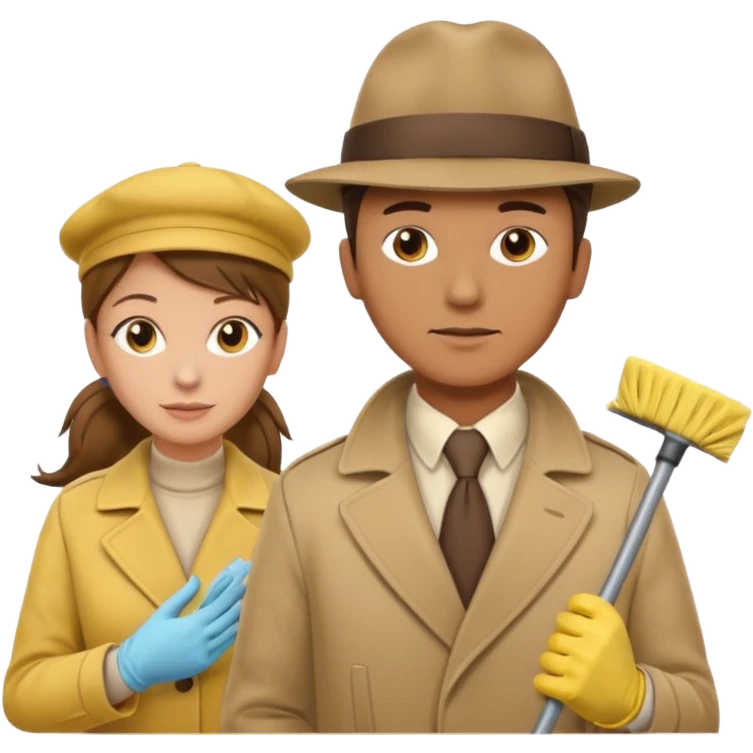 a Detective man with beige hat, a beige coat is interviewing the cleaning Lady with Brown hair, high ponytail and yellow cleaning gloves emoji