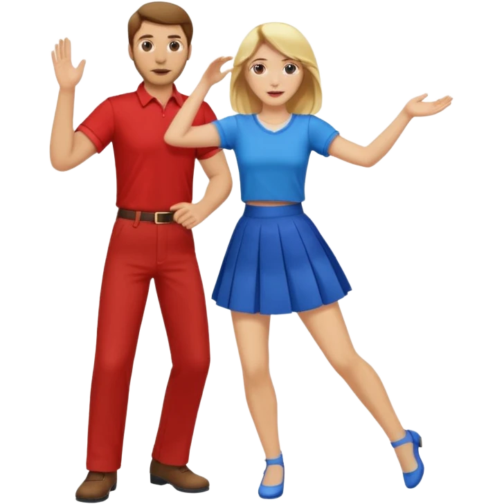 Two people dancing. Man in red shirt and pants with brown hair. Women in blue shirt and skirt with blond hair. emoji