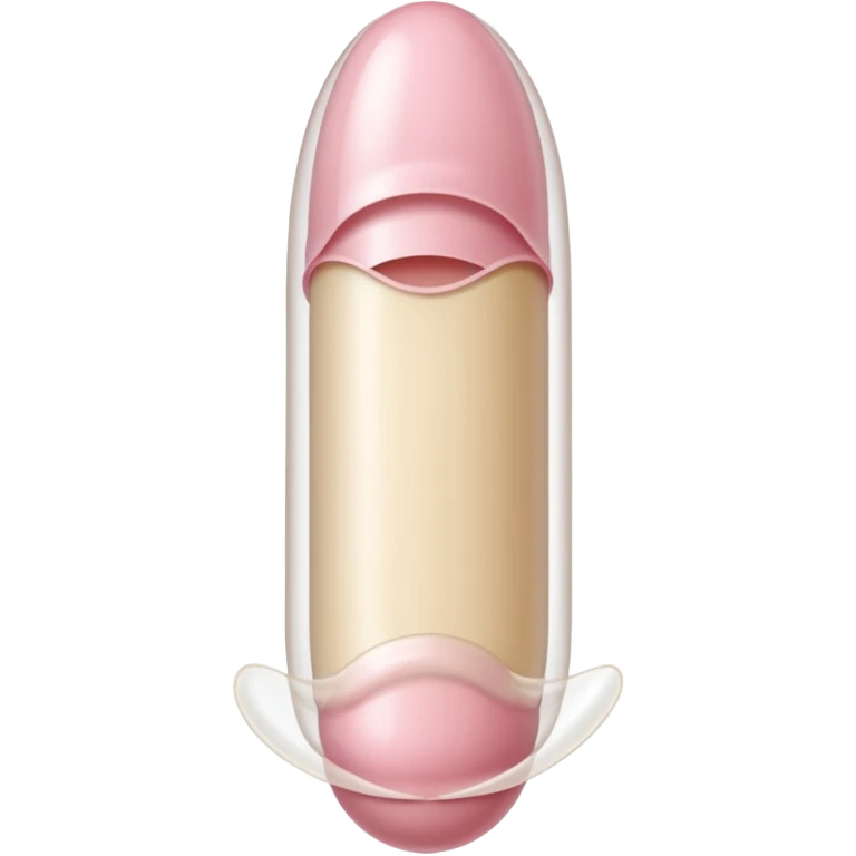 white transparent condom fully covering cylindrical beige-pink colored penis shaft, no face. at top of penis, add glans penis tip, a urethra opening hole/slit line and corona line. at the bottom end/base of penis make it flat.  emoji