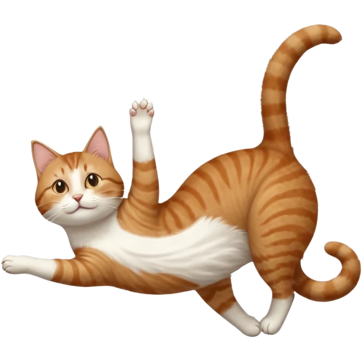 brown tabby and white cat with doing a big extremely long stretch reaching up into the air with arms and legs side by side together straight and overextended whilst lying on its side emoji