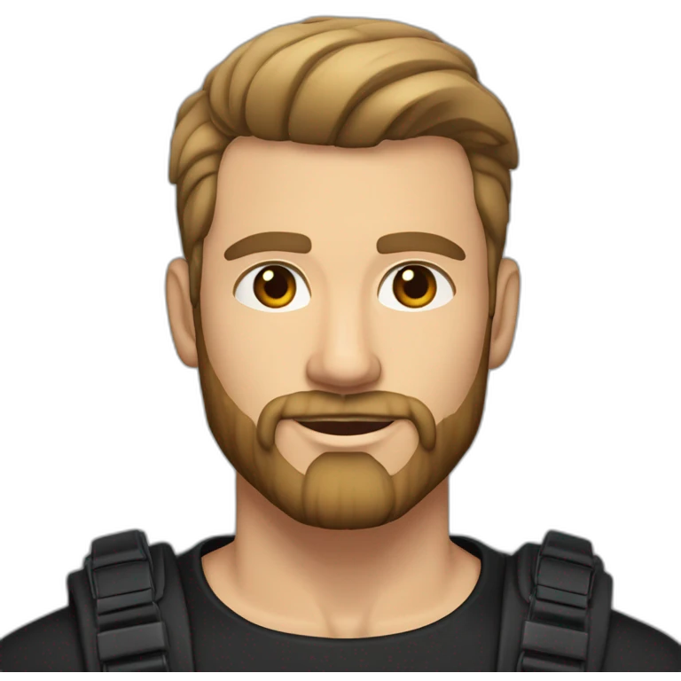 White man with slight tan, brown eyes and hair. He has beard stubble and mustache trimmed. Wears black clothing. His hair is an symmetrical undercut with side fade, styled sideways emoji