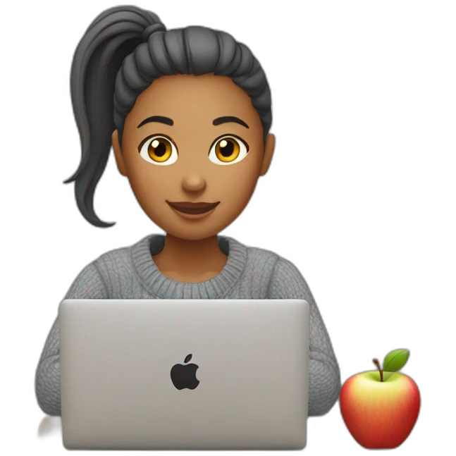 Woman with ponytail and gray sweater sitting at table with Apple laptop emoji