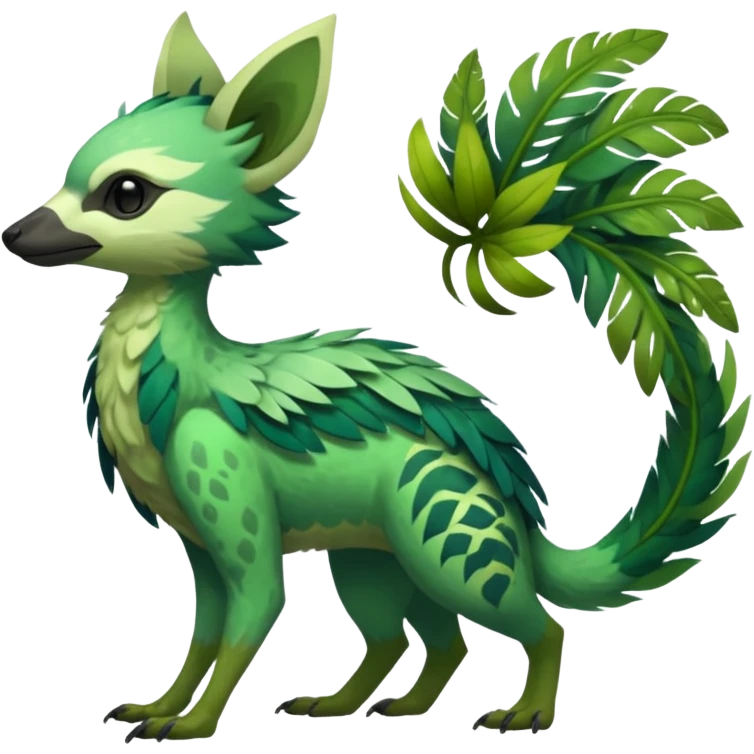  Tropical feathery shamanic cultural Greenish beautiful handsome gorgeous aesthetic colorful vibrant Vernid-Trico-species-Fakemon-creature by LiLaiRa, 4 legs, 1 tail, random markings, (full body) emoji