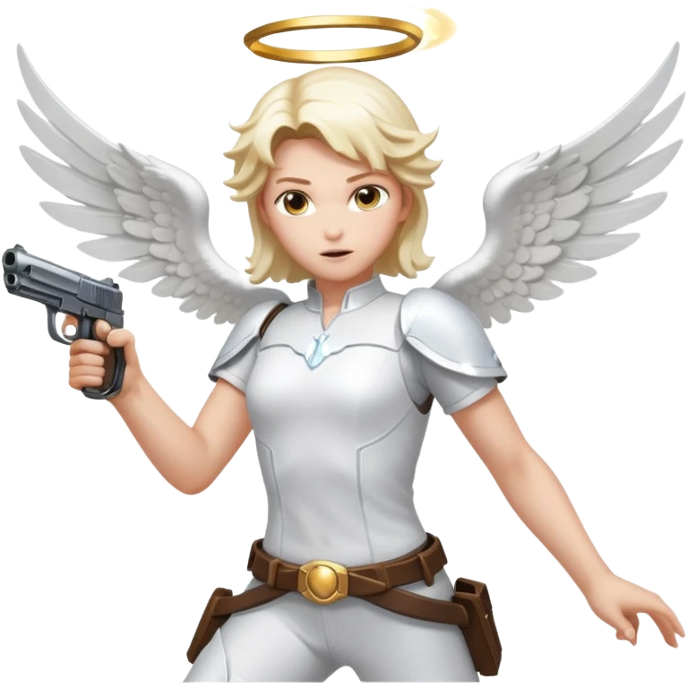 Angel dual-wielding pistols, shooting, dynamic action pose, glowing wings, no background














 emoji