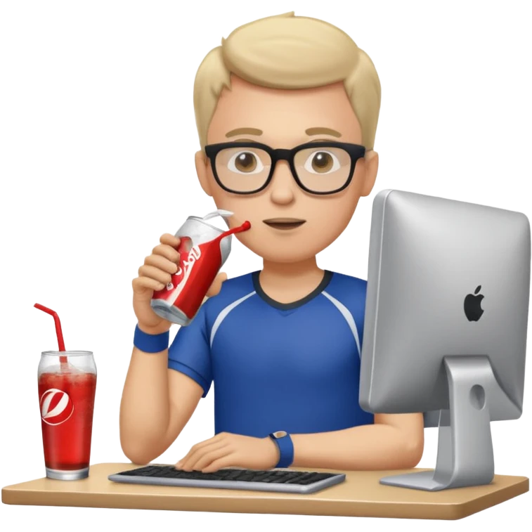 Hombre blanco con gafas tomando un refresco frente a un ordenador con ropa de deorte emoji