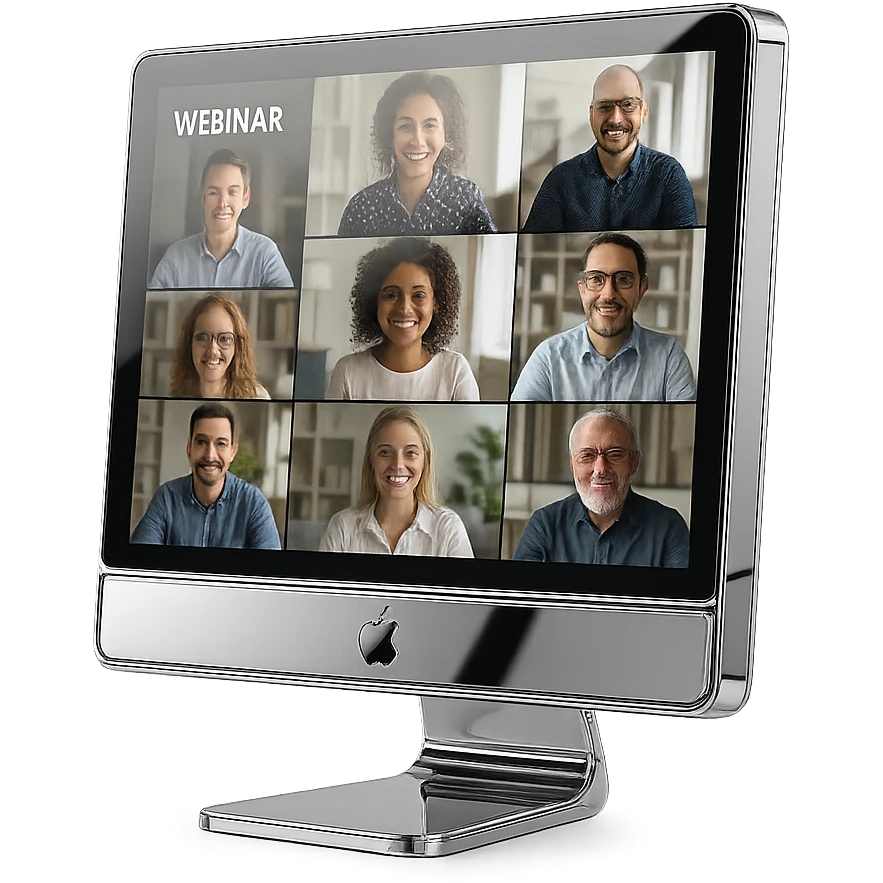 reflective chrome monitor showing a video call with multiple participants, symbolizing a webinar emoji