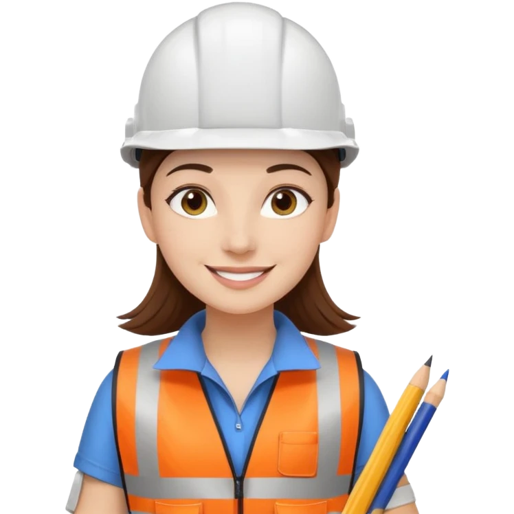 Arquitecta ojos marrones oscuros pestañas pelo marron por los hombros sonrie casco blanco con material de dibujo y chaleco reflecyante emoji