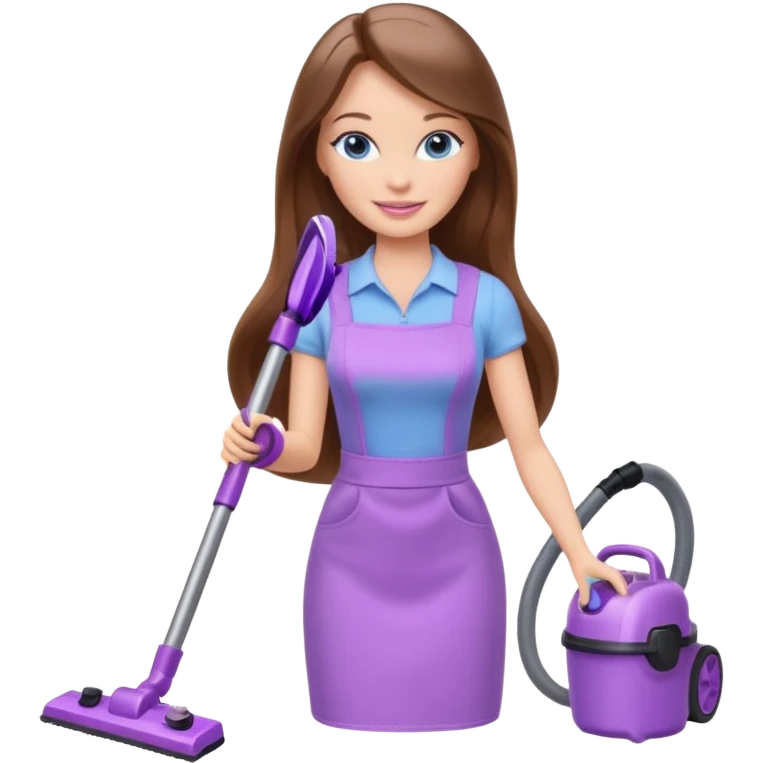 beautiful barbie girl with long brown hair, blue eyes and wearing light purple clothes, cleaning and vacuuming emoji