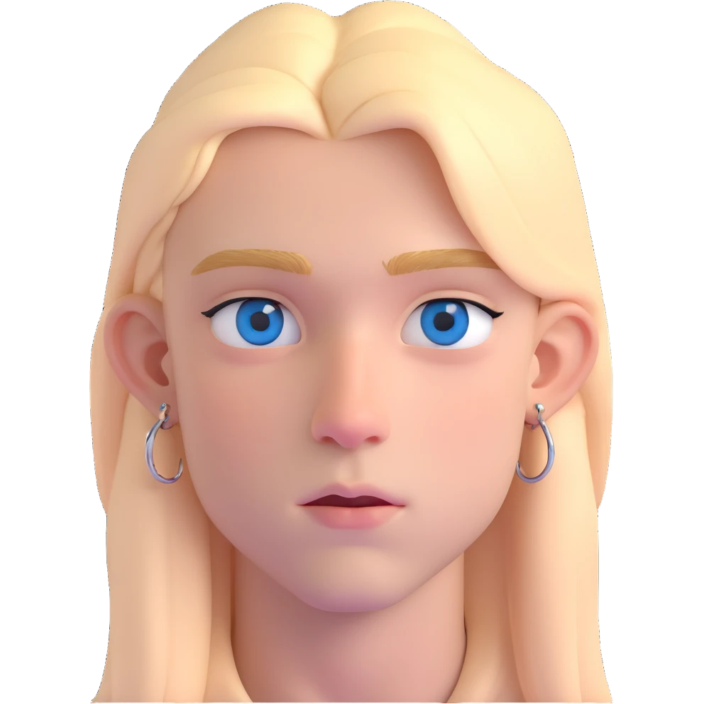 boy with long light blonde hair, dark blue eyes, septum, nose bridge, anti eyebrow, and eyebrow piercings, wearing all black emoji