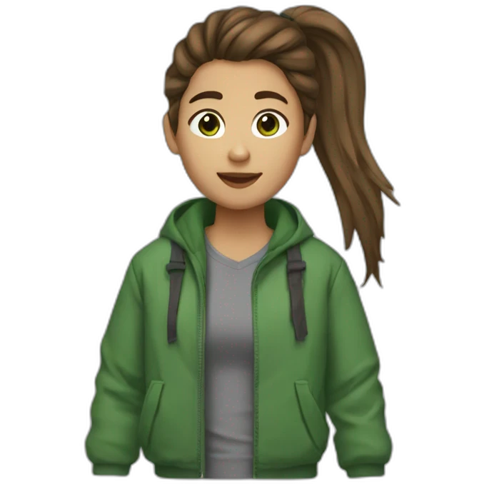 Ponytail brown hair, brown eyes, grey tshirt and green puff jacket emoji