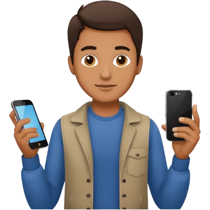 man casual clothes holding a phone emoji