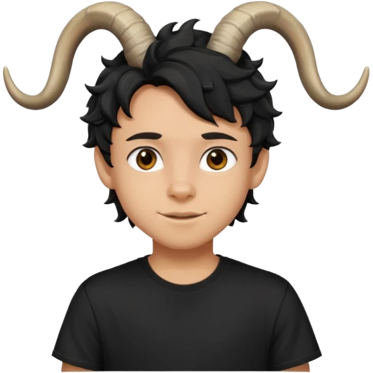 Menino de 15 anos de cabelo ondulado preto e de camiseta preta com chifres de bode emoji