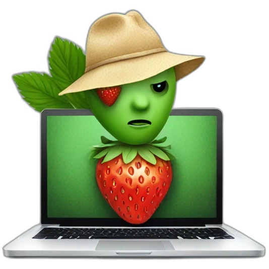 strawberry scamming who look like a human on a laptop like a bandit emoji