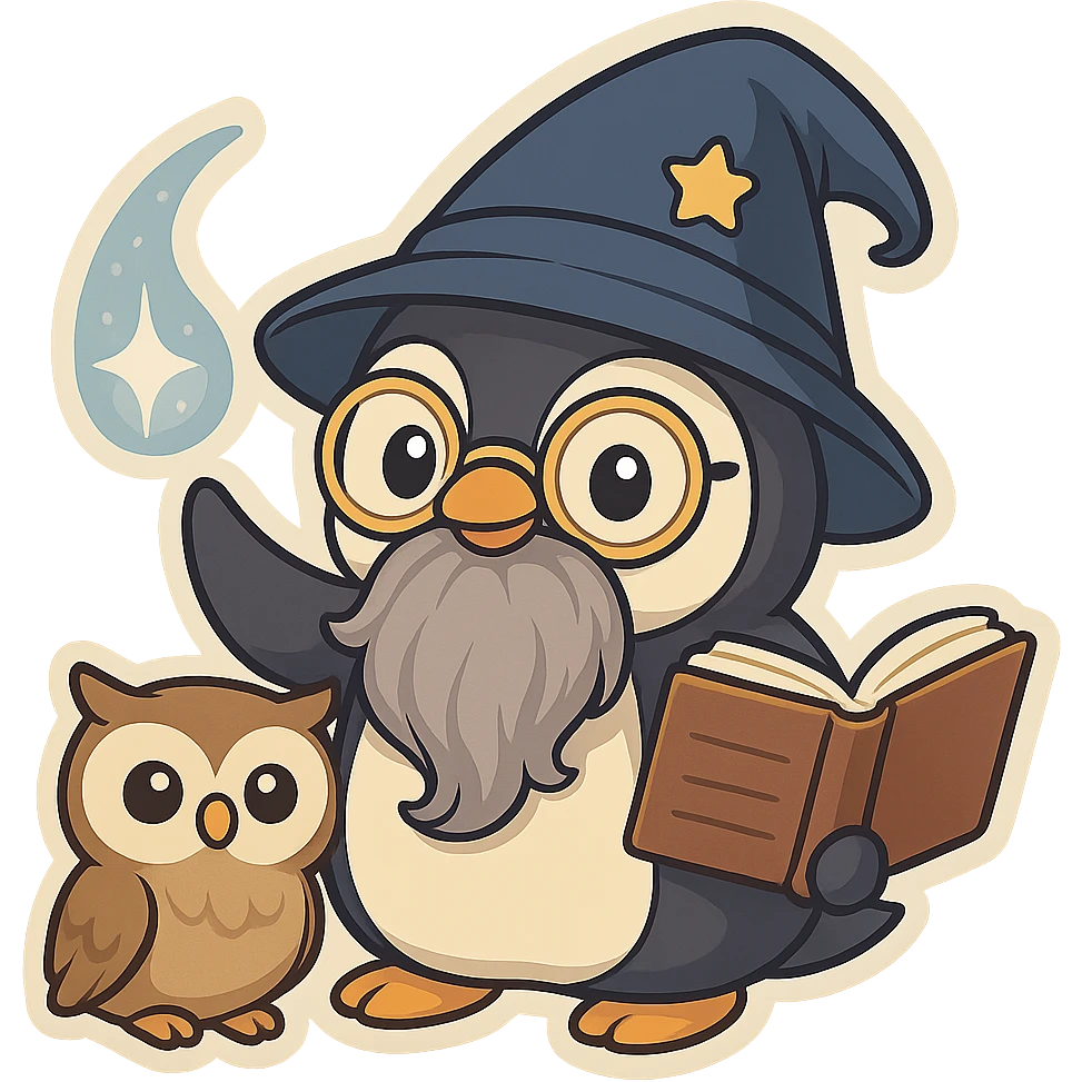 Add a cute pet owl next to the penguin wizard, keeping the whimsical chibi sticker style, with no background. emoji