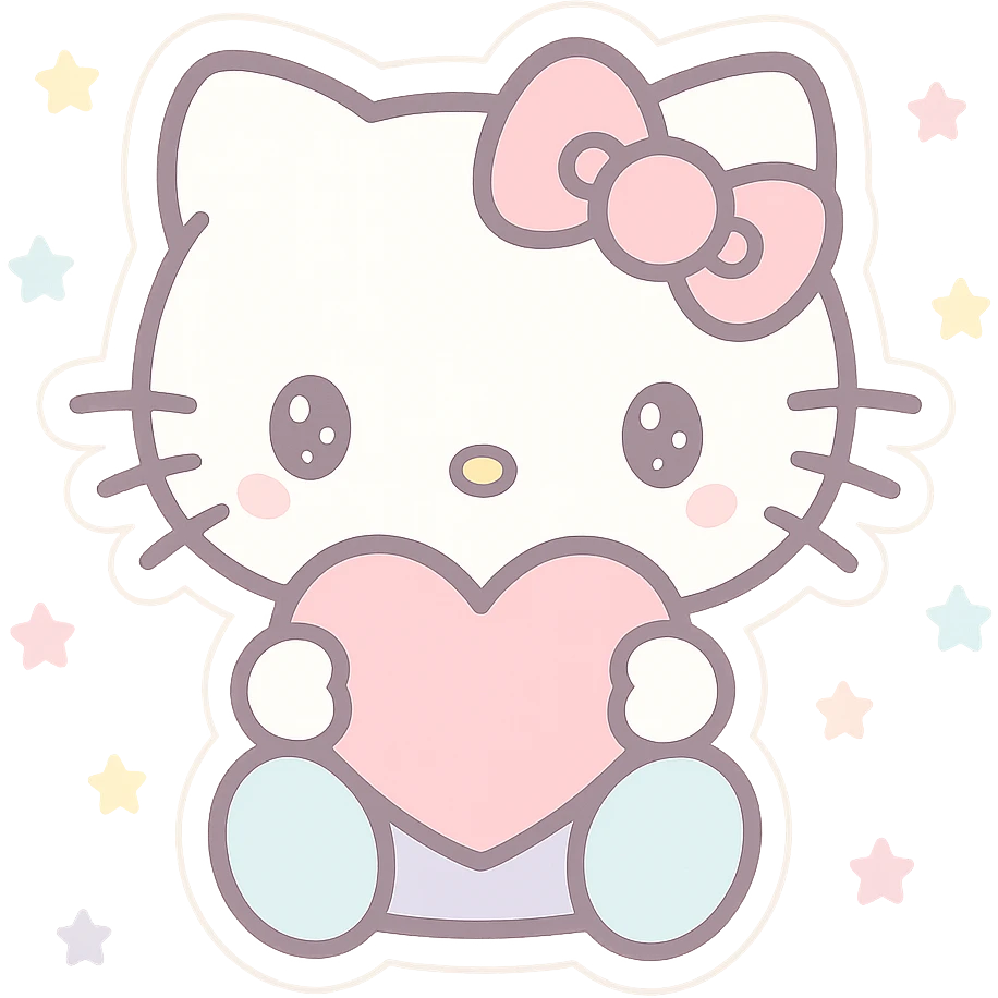 Hello KITTY as a sticker, kawaii style, holding a heart, pastel colors, outlined emoji