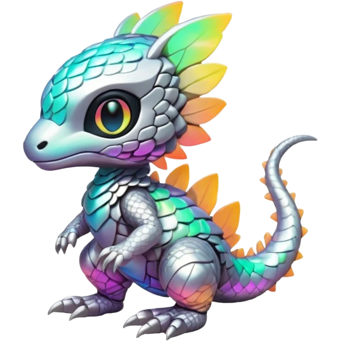 futuristic modern cybernetic kawai cute lush warm-colored iridescent whitish silvery scaley neon-colored Fakémon-Trico-creature (full body) emoji