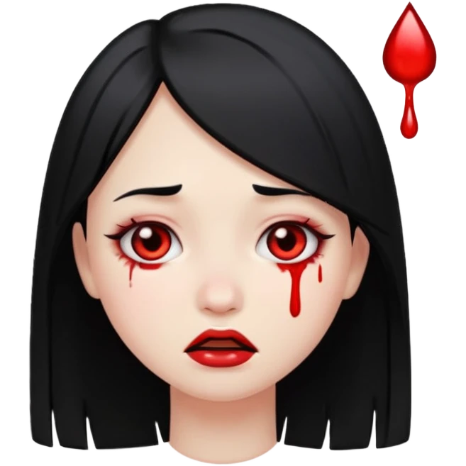 pale girl with black straight hair, tears of blood, emoji style emoji