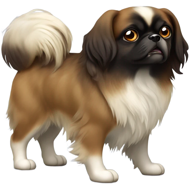Tibetan Spaniel, dark brown face framed by floppy ears. Brown muzzle.black eyes and dark nose, giving it an alert, curious expression. body mostly white with brown patches and soft, medium-length fur. tail curls upwards, covered in feathery fur emoji