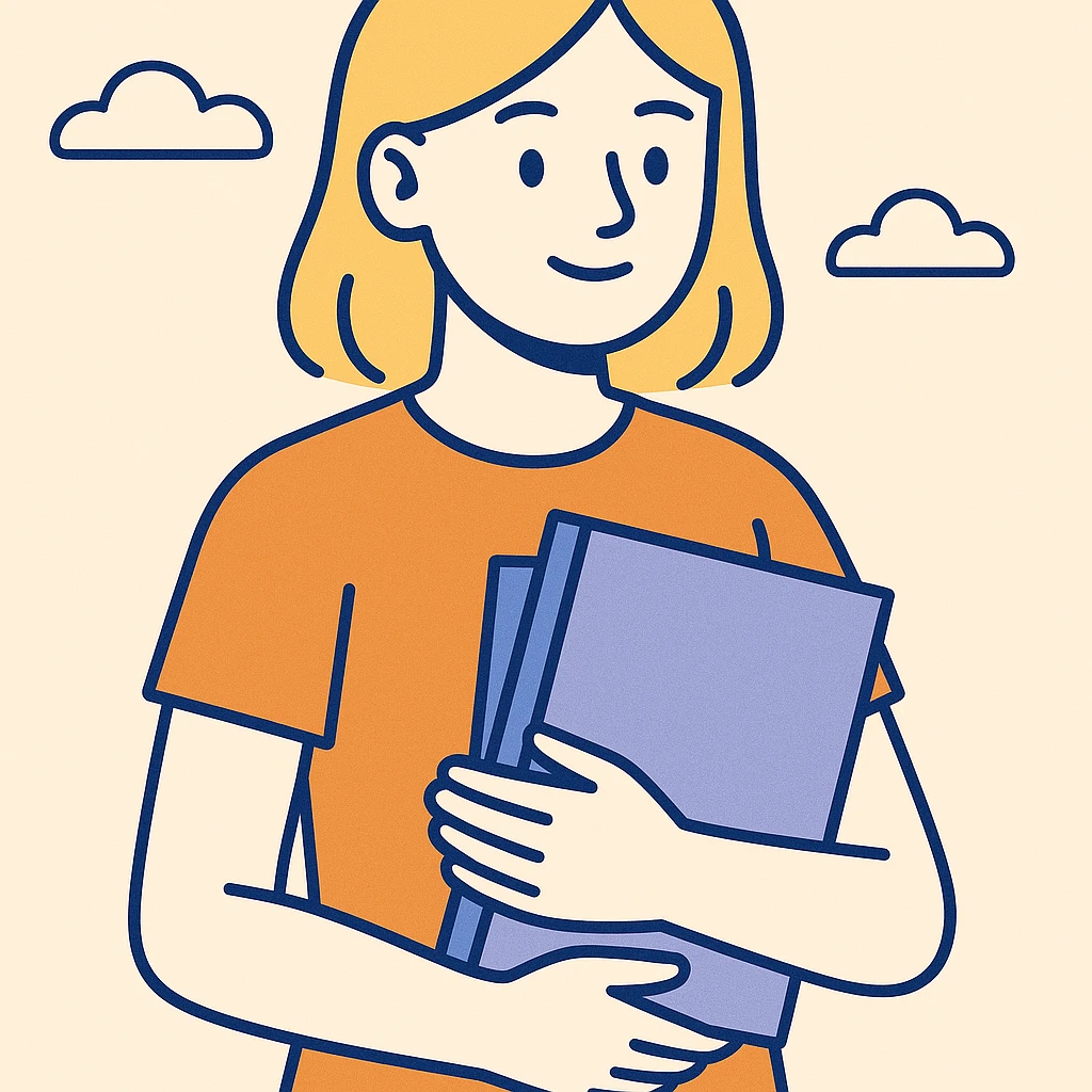 blonde girl in an orange t-shirt holding folders, modern flat illustration emoji