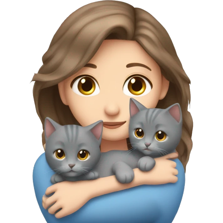 blue eyes grey kitten with two brown hair girls hugs emoji