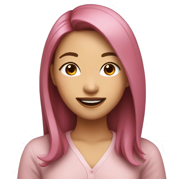 Asian woman with shoulder-length pink and brown hair, smiling with full lips, making a peace sign with her fingers emoji