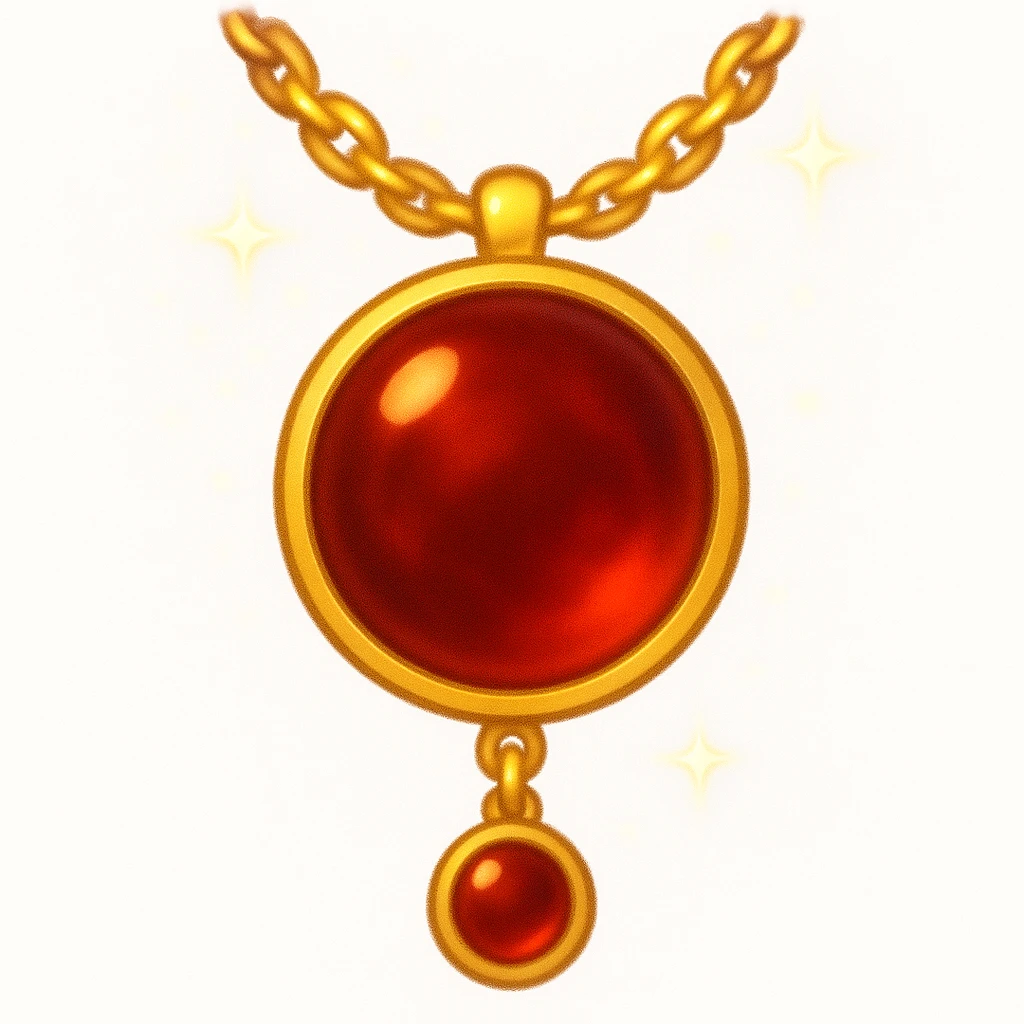 Make the garnet round and glowing wine-red, pulsing with ancient passion and quiet strength, golden chain shimmers like starlight, ethereal and moving, in emoji style emoji
