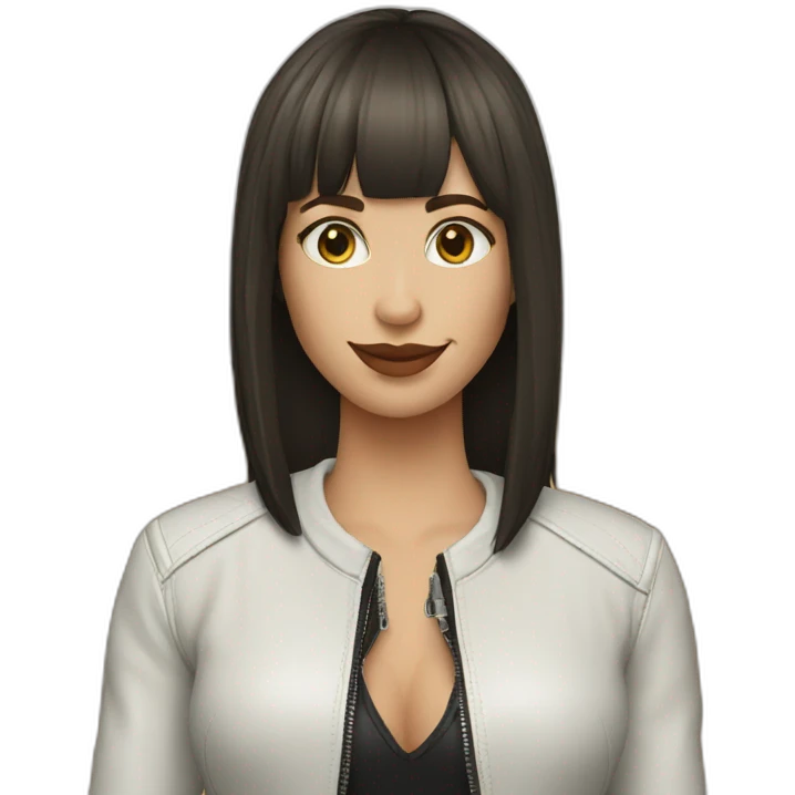white-woman-shag-haircut-bangs-leather-jacket-peace-sign emoji