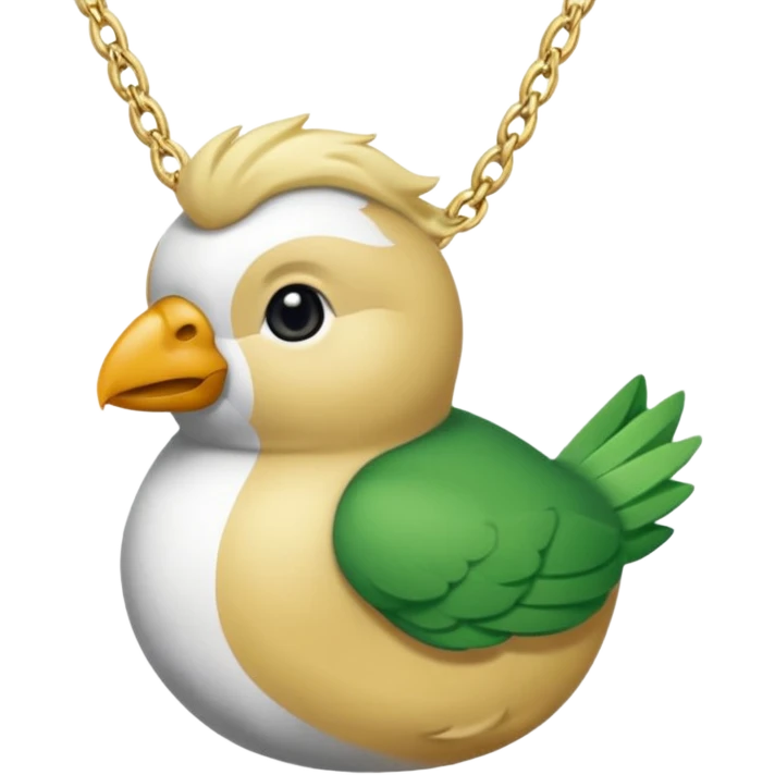 un oiseau classique de profil tout vert et un seul poil blond qui fait une petite bouclette sur le front avec le collier argenté avec des ronds attachés au collier est autour du coup de l’oiseau entre la tête et le corps emoji