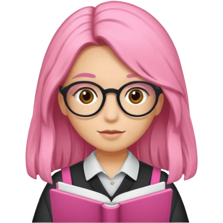 Estudante de cor parda,com o cabelo cacheado na cor loiro escuro , e de óculos segurando um caderno rosa emoji